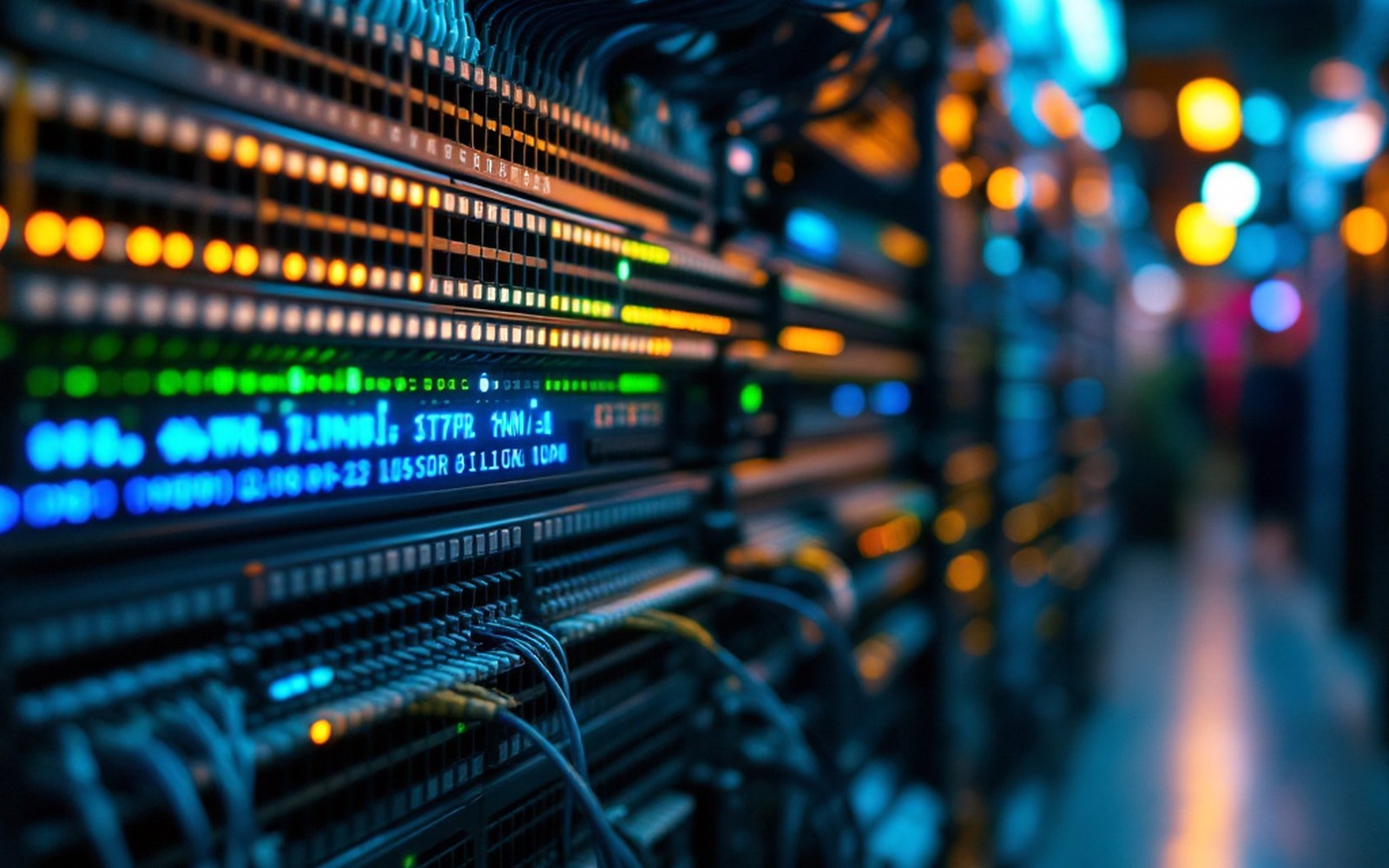 A patch panel with numbered ports and neatly combed fibre looms
