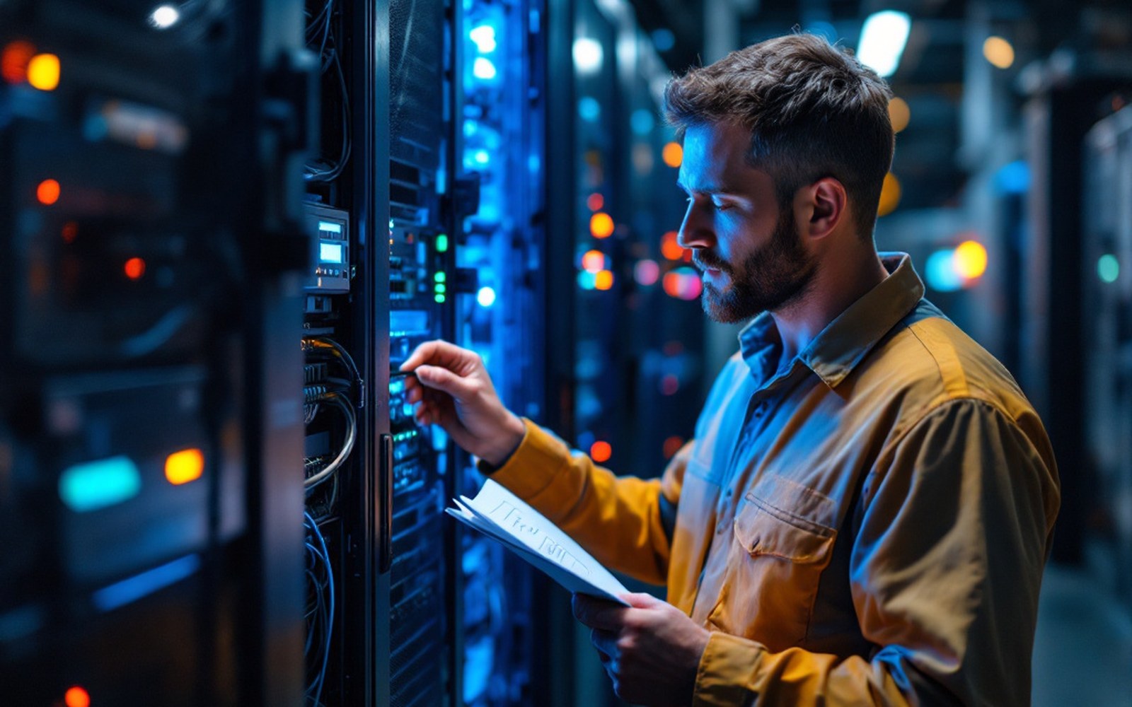 An adult engineer at an open rack door in an exchange-point facility, hand on a labelled cable