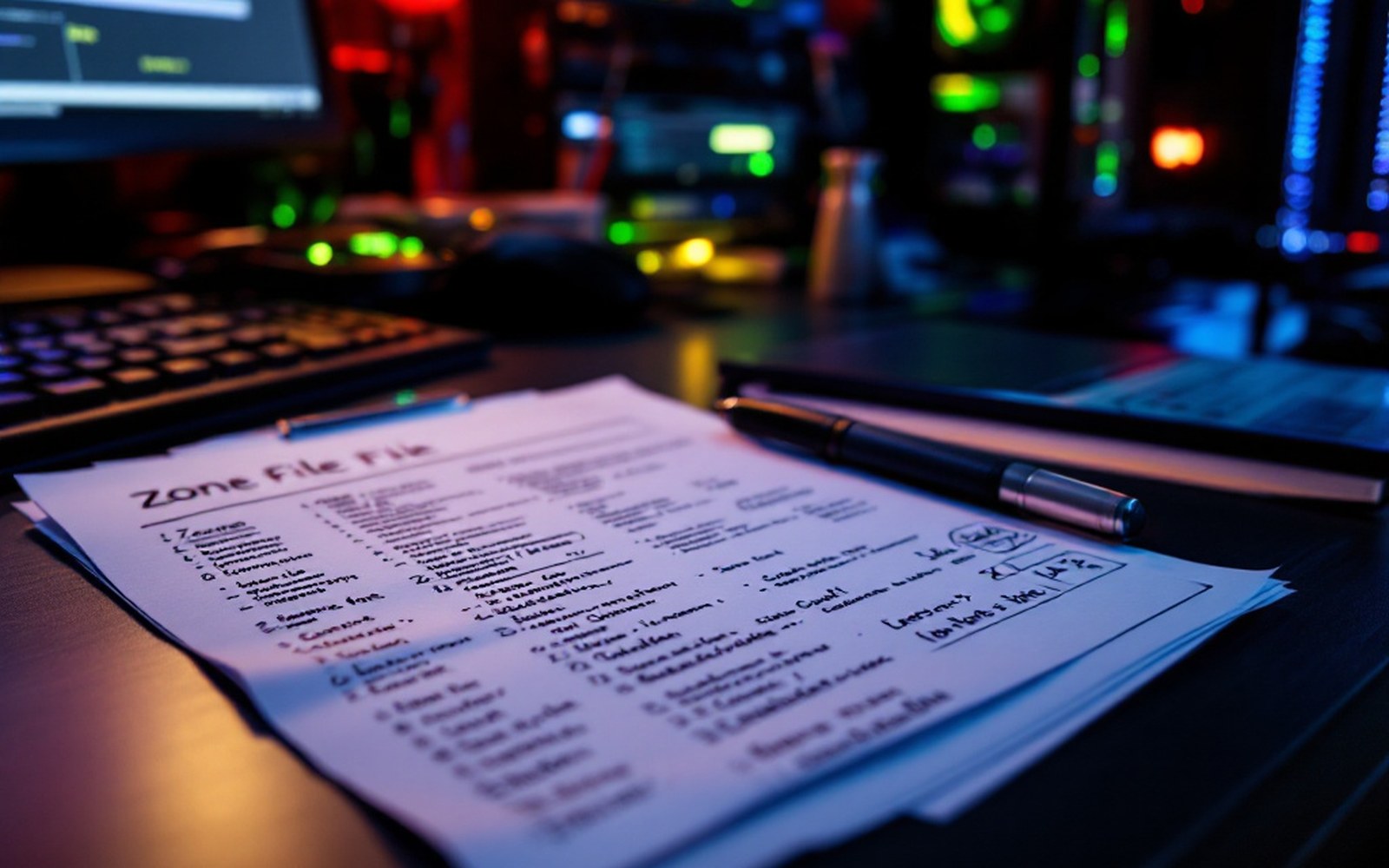 A hand-annotated zone file printout on a desk beside a keyboard