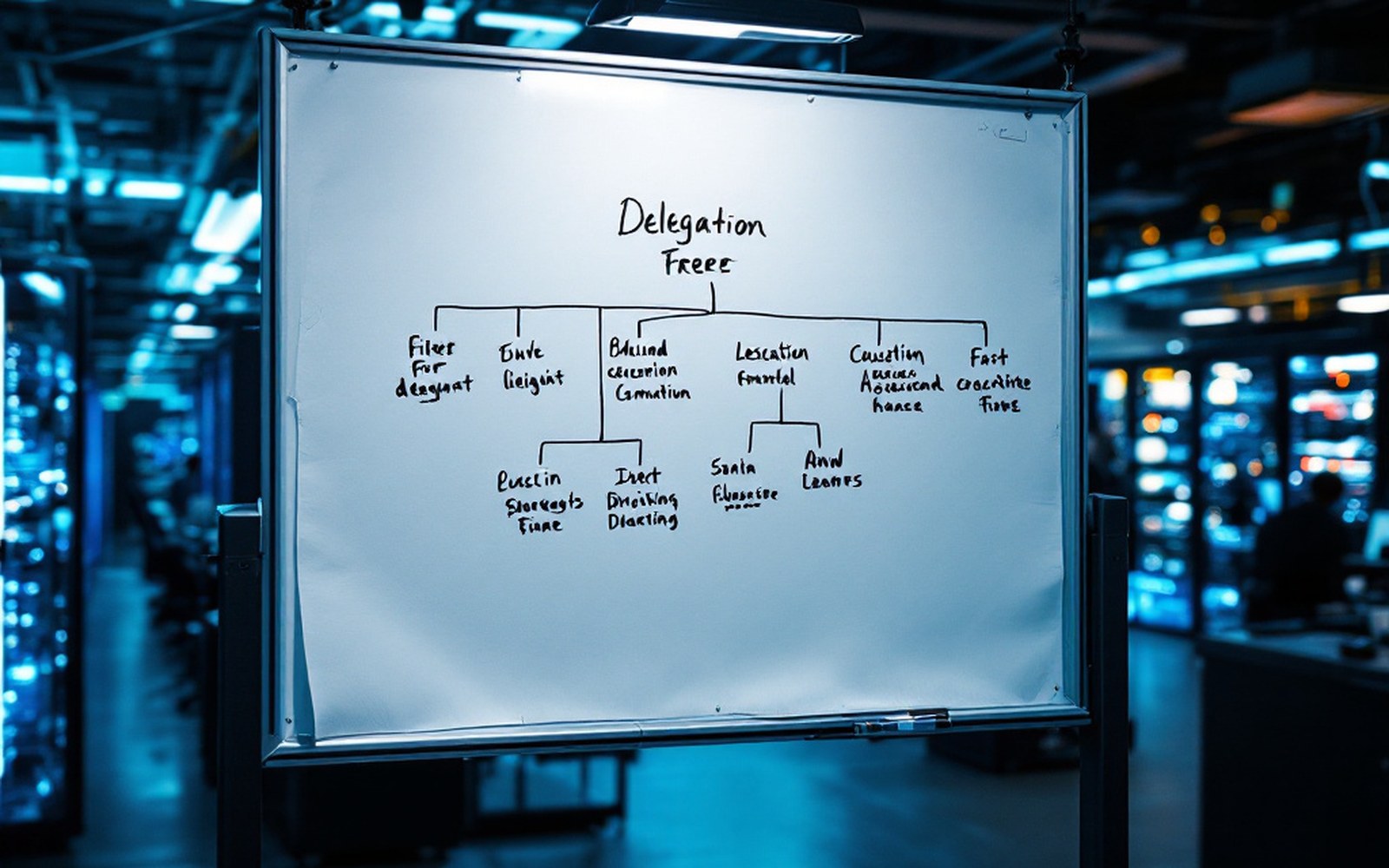A whiteboard with a delegation tree drawn on it in marker