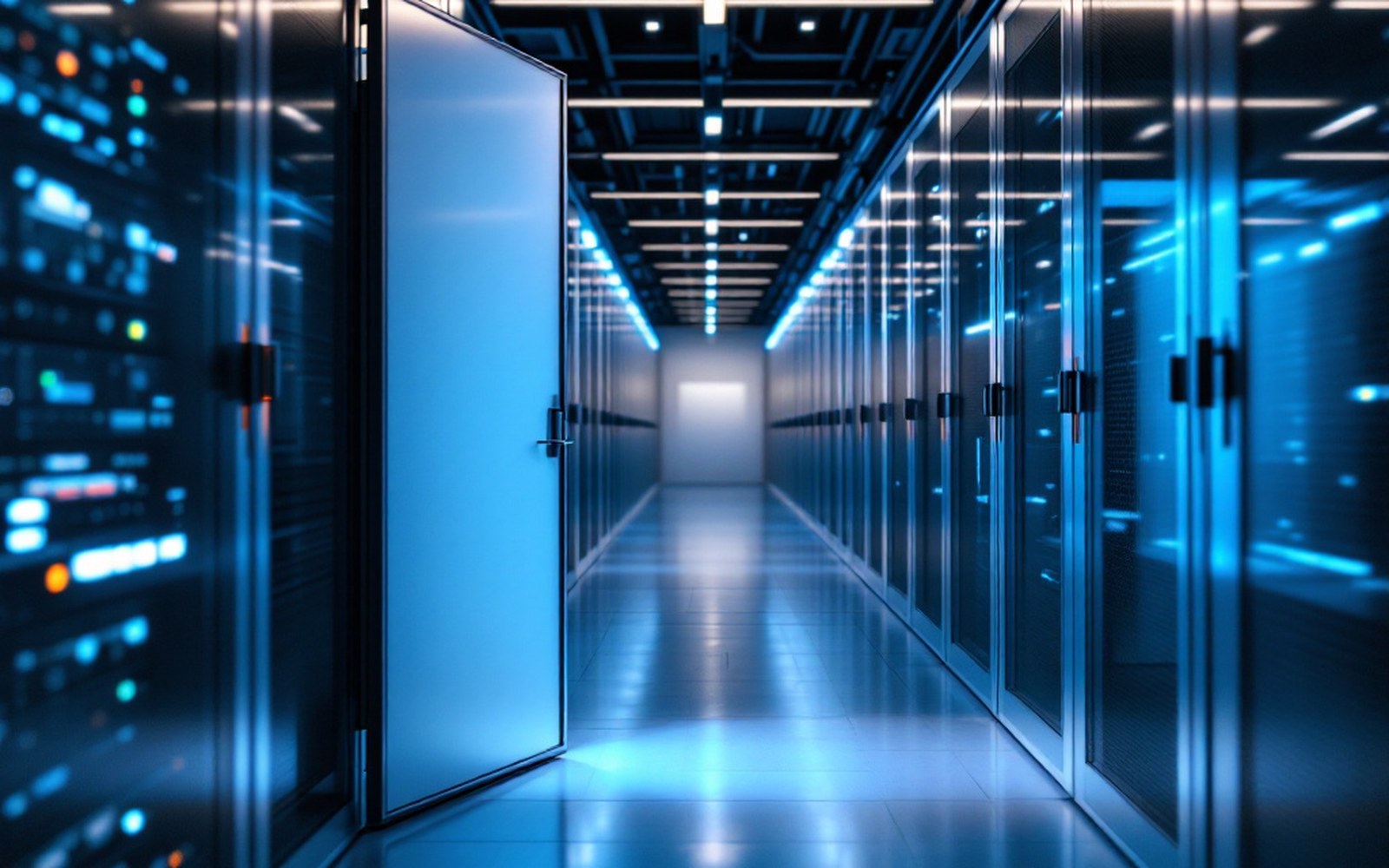 An open rack door in a quiet facility with one machine lit