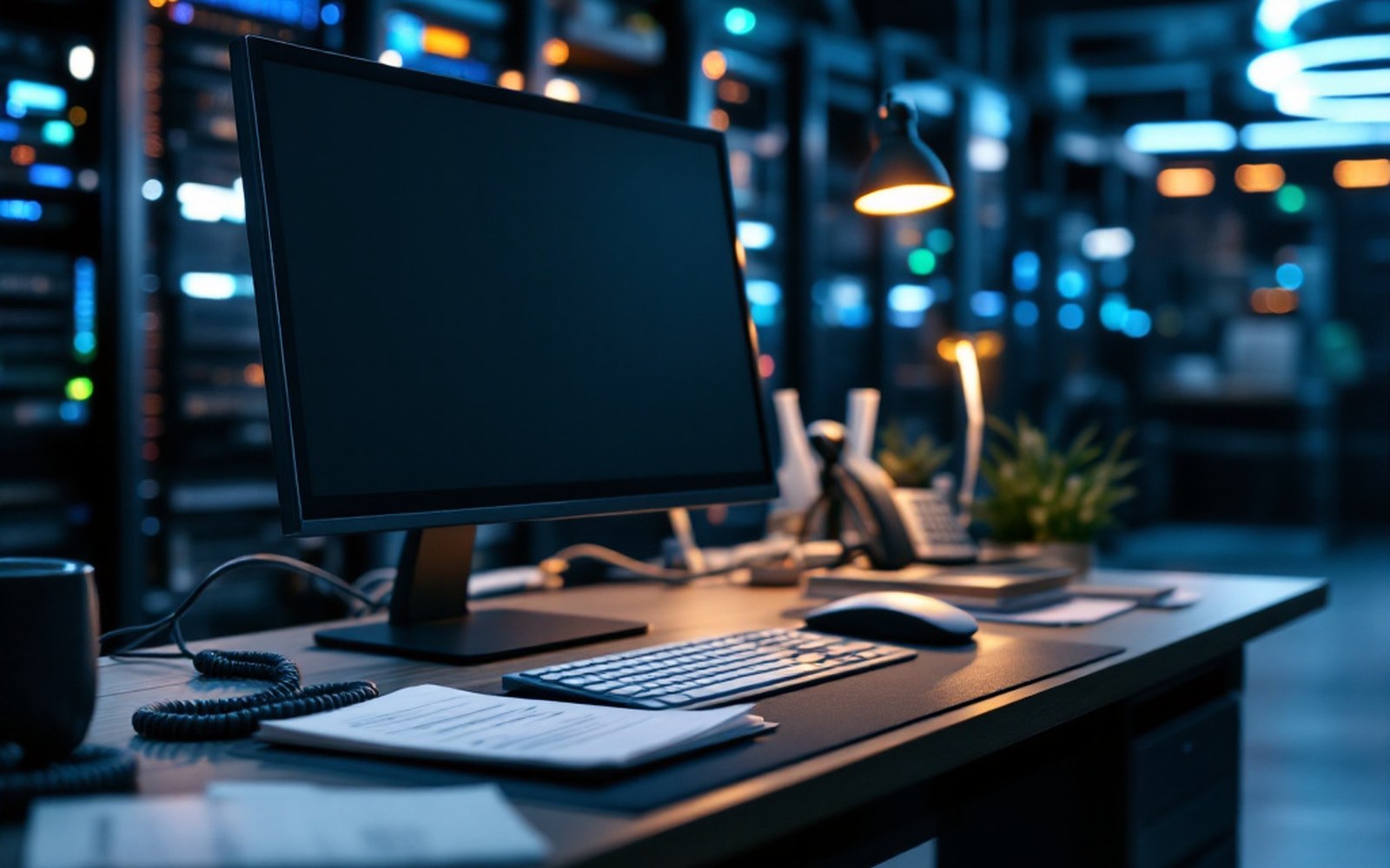 An empty desk with a switched-off monitor and a phone off the hook