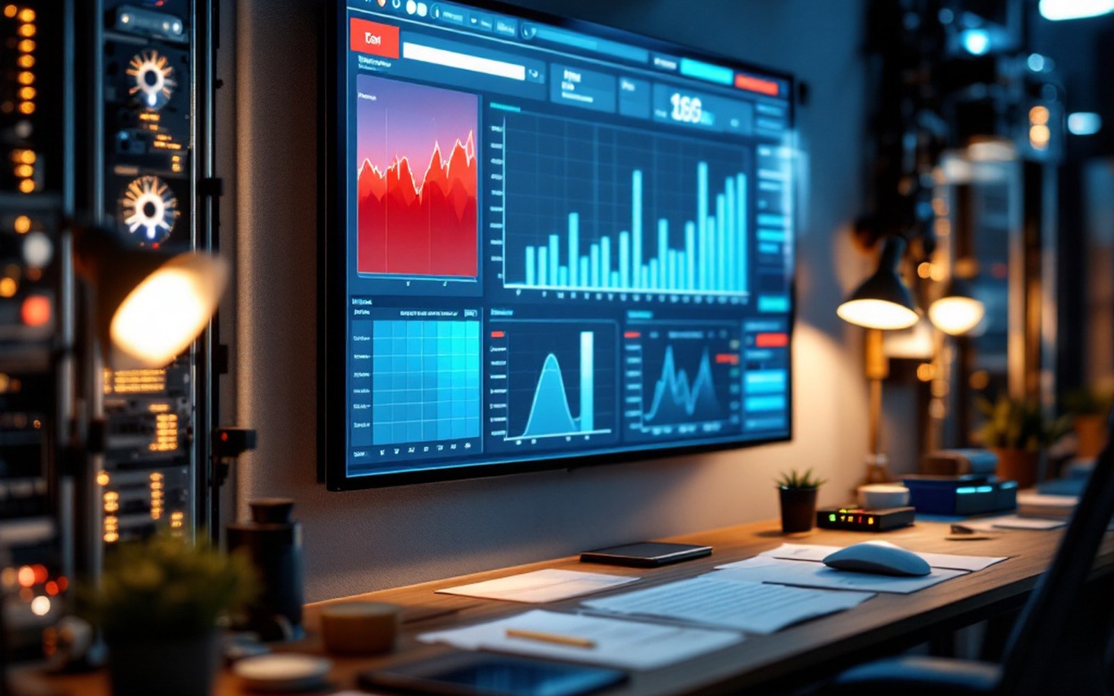 A monitoring dashboard on a wall screen with one red panel