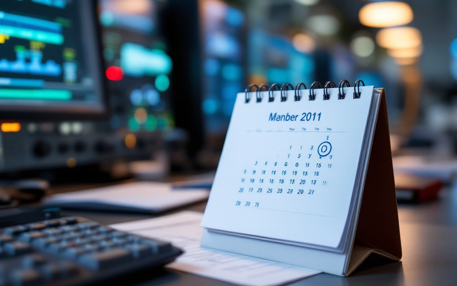 A desk calendar with a date circled beside a keyboard