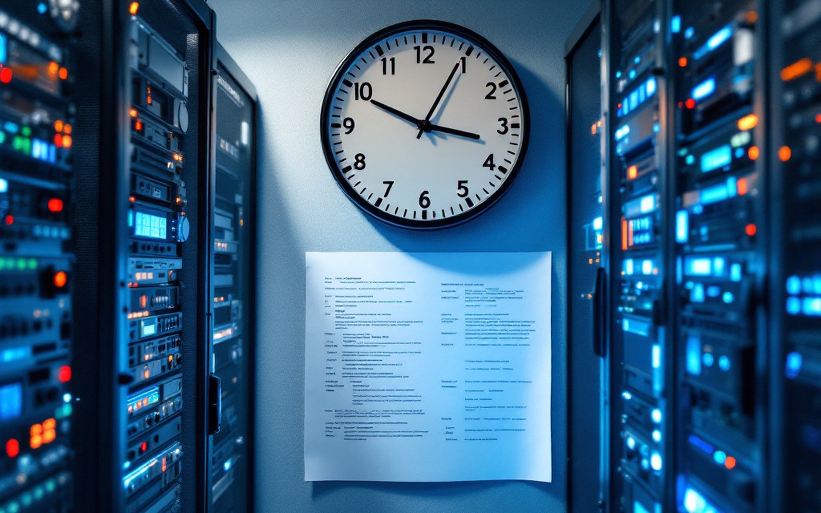 A wall clock above a rack in a machine room
