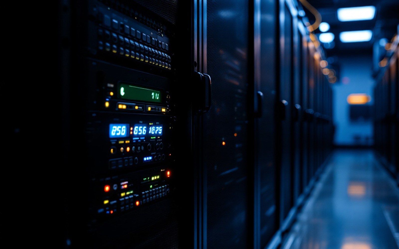 A single rack unit with its status lights on in an otherwise dark cabinet