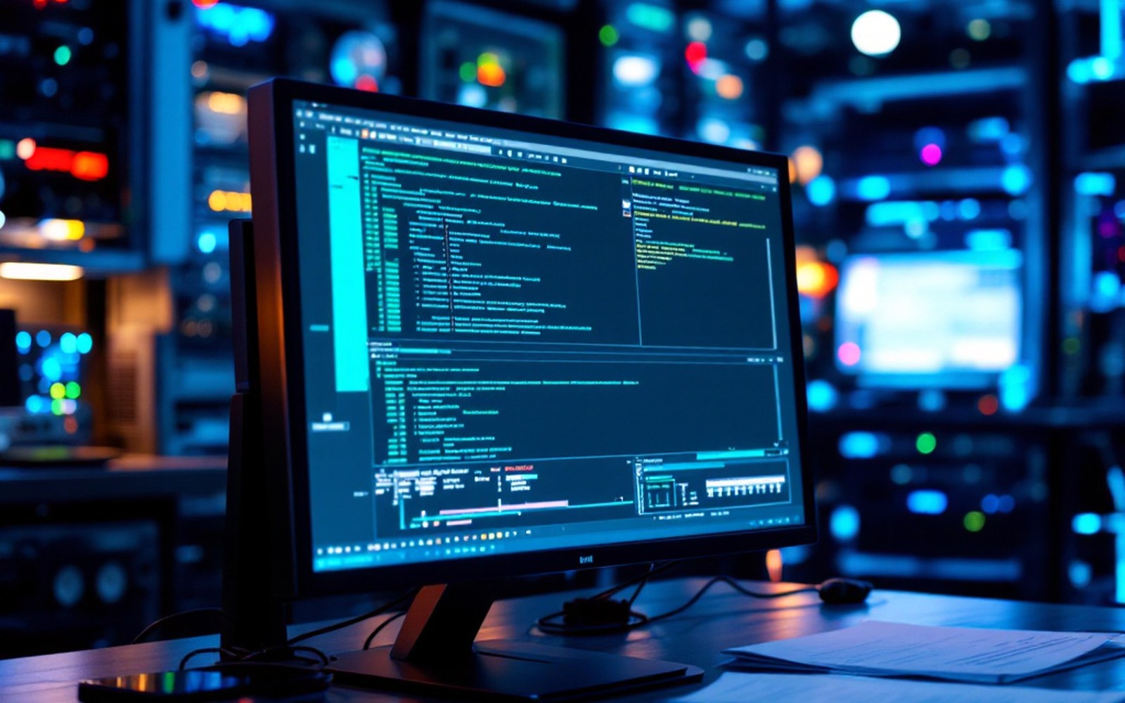 A workstation screen showing a query trace, room lit by the monitor