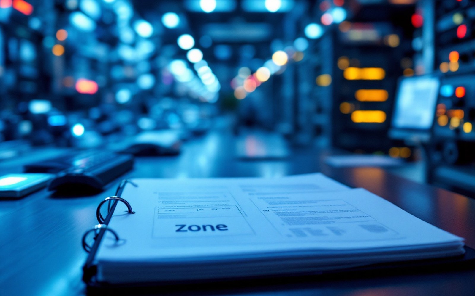 A printed zone file in a binder on a desk