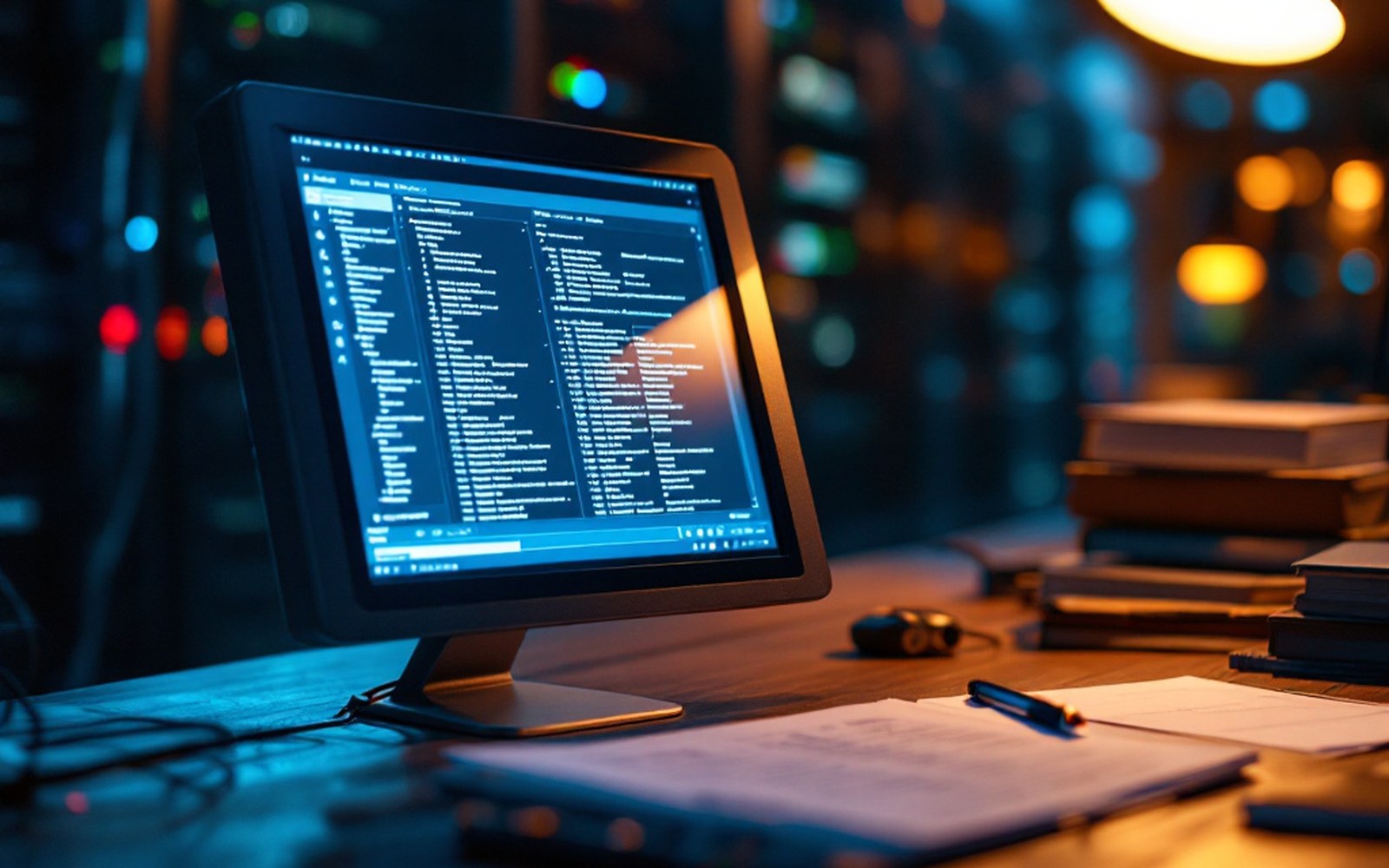A terminal showing a compact data file, warm desk lamp beside the screen