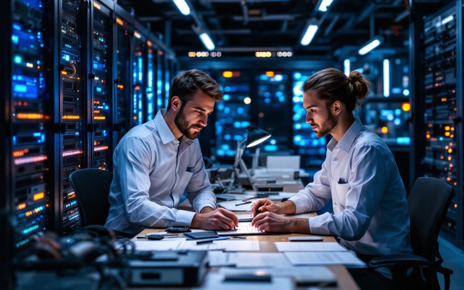 Two adult engineers at a bench of network gear with a laptop between them