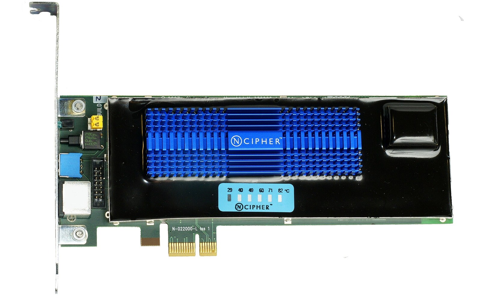 A hardware security module in a rack with a key switch on the front panel