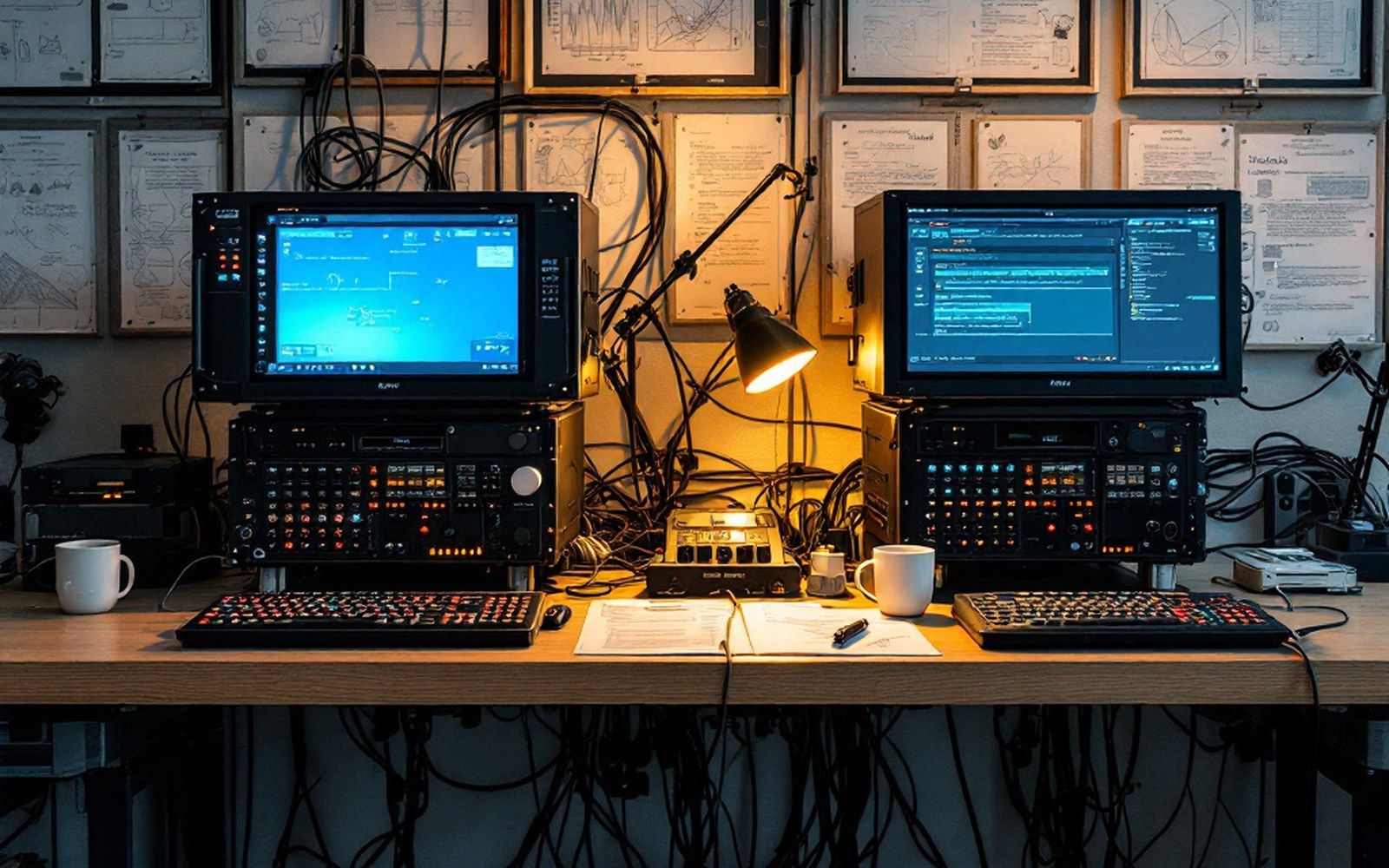 Two separate machines side by side on a bench, cabled independently