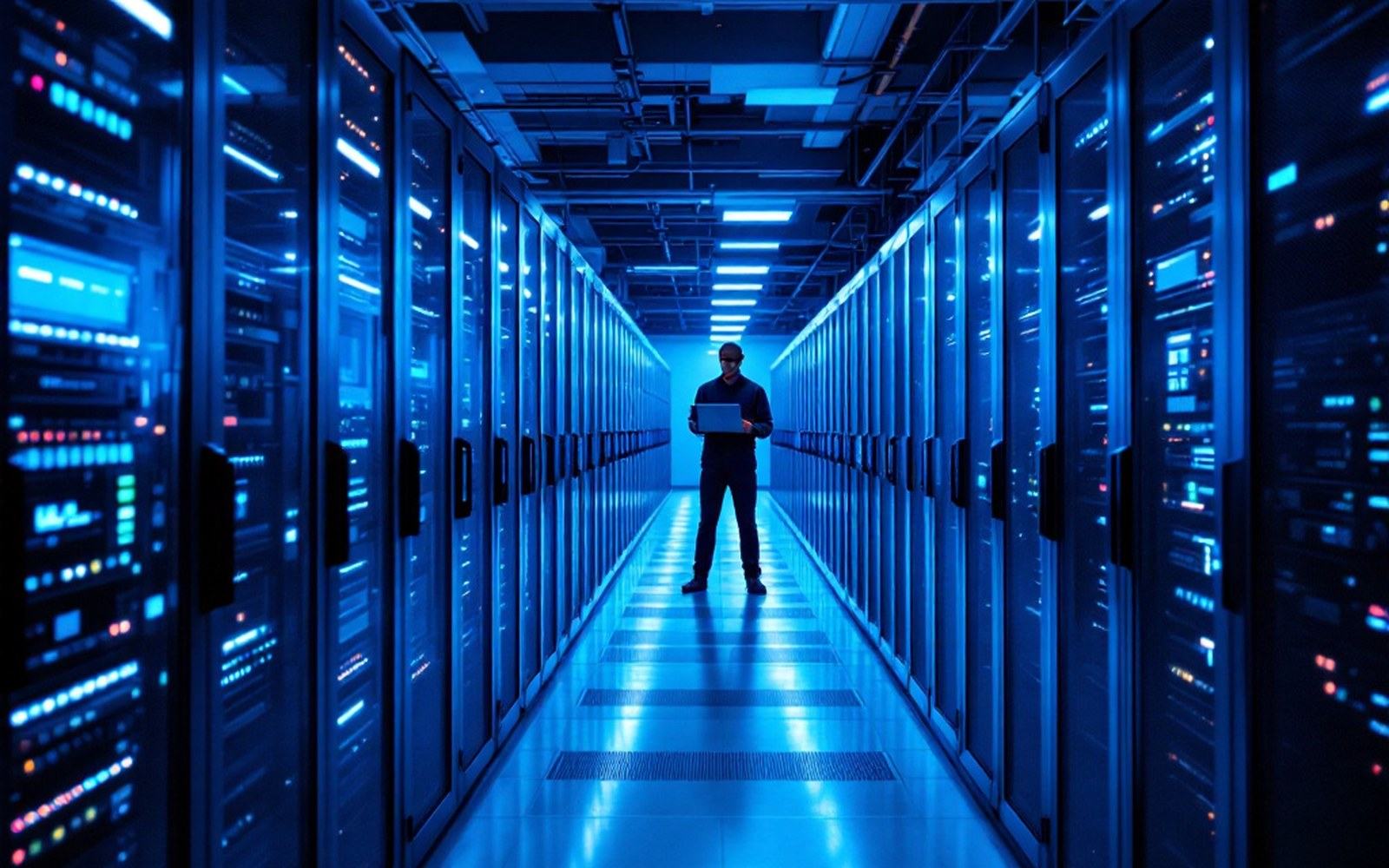 A machine room seen down a cold aisle, one adult operator standing mid-row with an open laptop